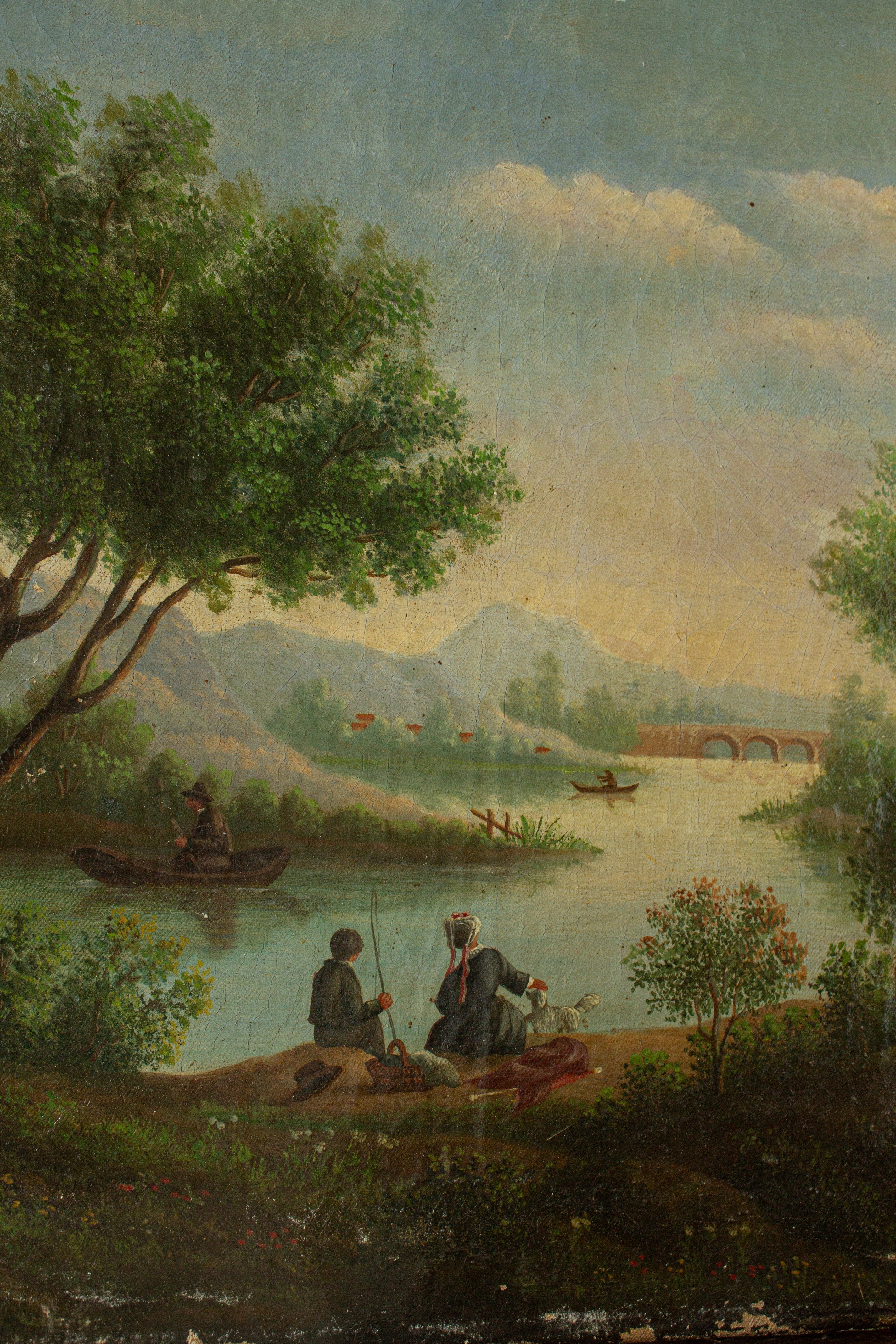 Antique French Romanticism landscape oil painting signed Lantonnet, featuring a riverside scene with figures, boats, trees, and distant hills.