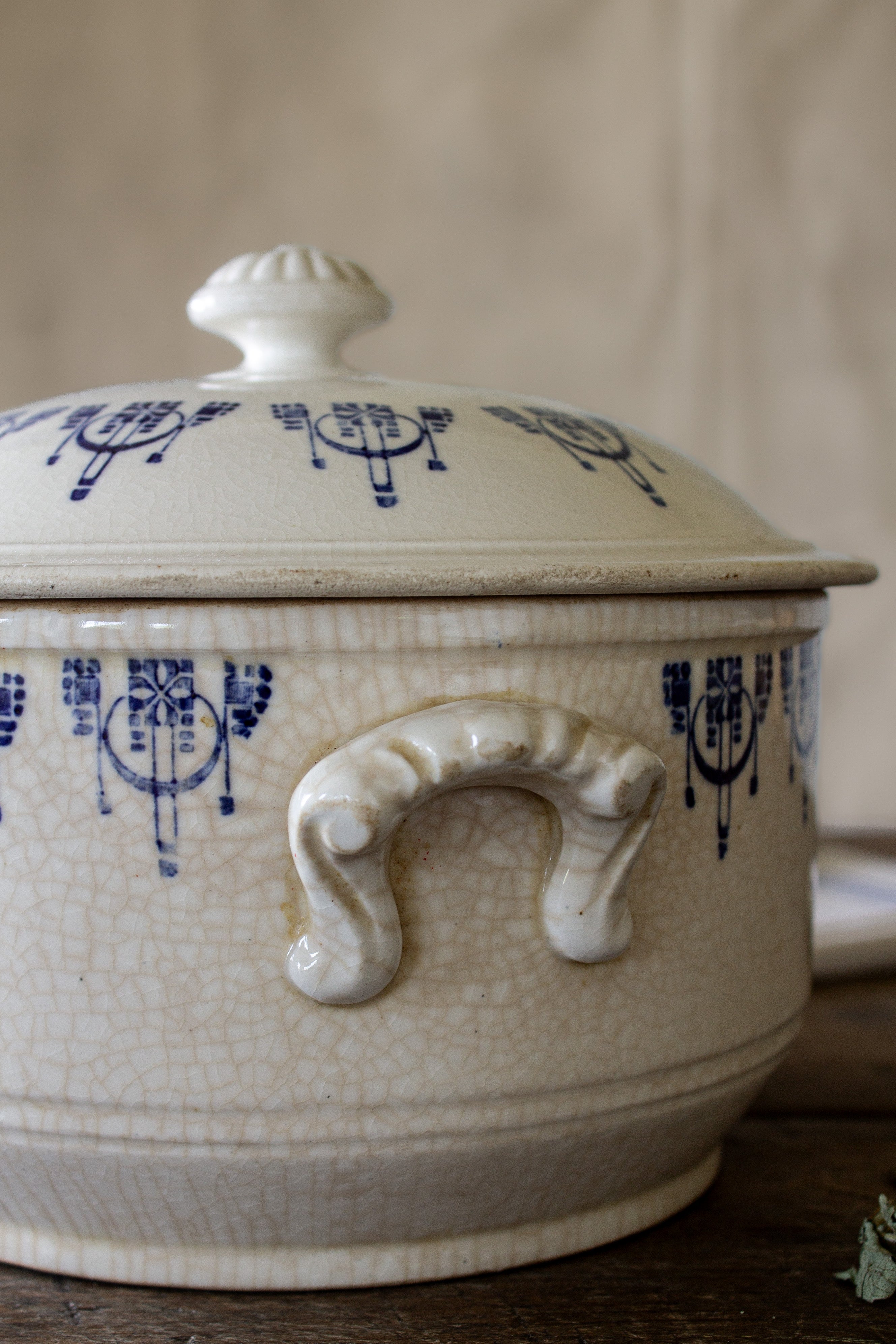 French blue and white lidded tureen with creamy crackled glaze and side handles.
