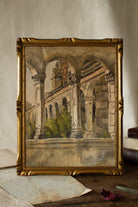 Signed French architectural watercolor of an arched courtyard with columns, warm stone tones, textured paper, and an older giltwood frame