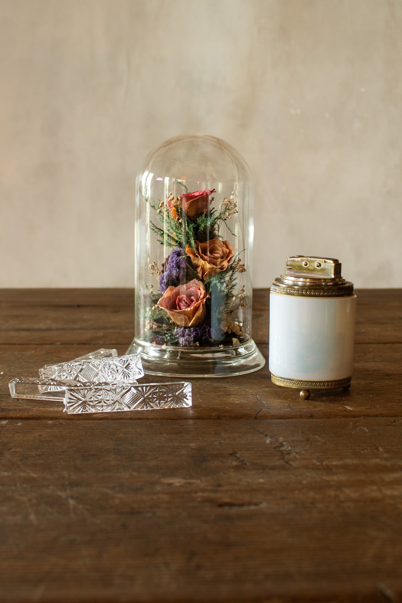 Glass dome with dried flowers, crystal knife-rests, opaline, opaline lighter, antique glass, antique crystal