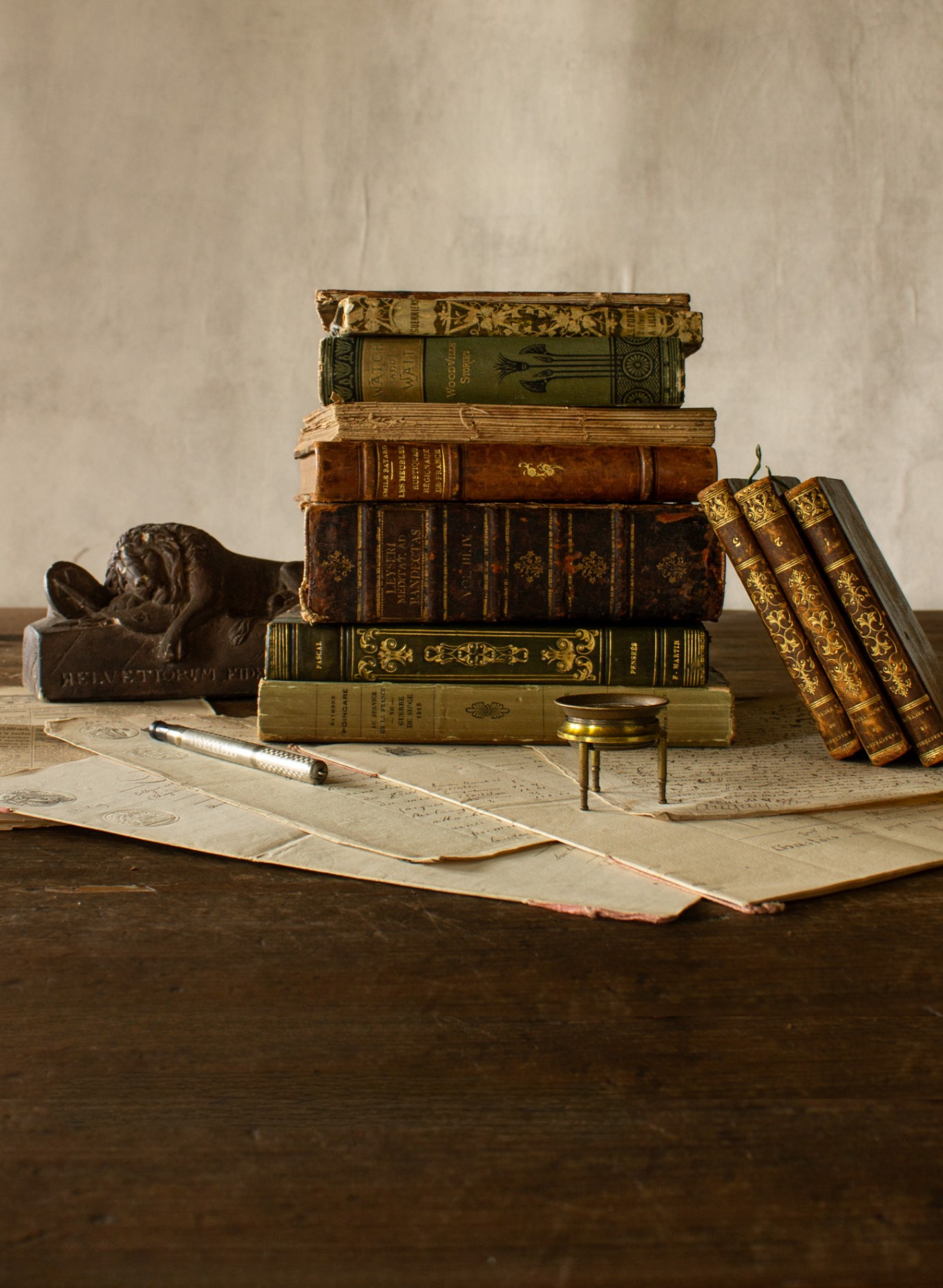 Antique old books, map reader, lion statue, chalkware, library, antique hand-written letters