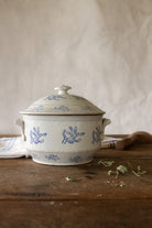 Antique French blue and white ironstone tureen with fitted lid and floral decoration, sourced in France.