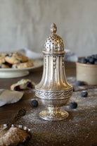 French Gallia silver-plated sugar caster with pierced dome lid, floral finial, fluted body, and ornate scrollwork.