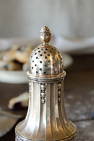 Close view of the pierced dome lid and floral finial on a French Gallia silver-plated sugar caster.