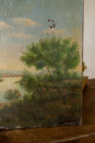 Antique French Romanticism landscape oil painting signed Lantonnet, featuring a riverside scene with figures, boats, trees, and distant hills.