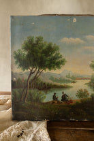 Antique French Romanticism landscape oil painting signed Lantonnet, featuring a riverside scene with figures, boats, trees, and distant hills.