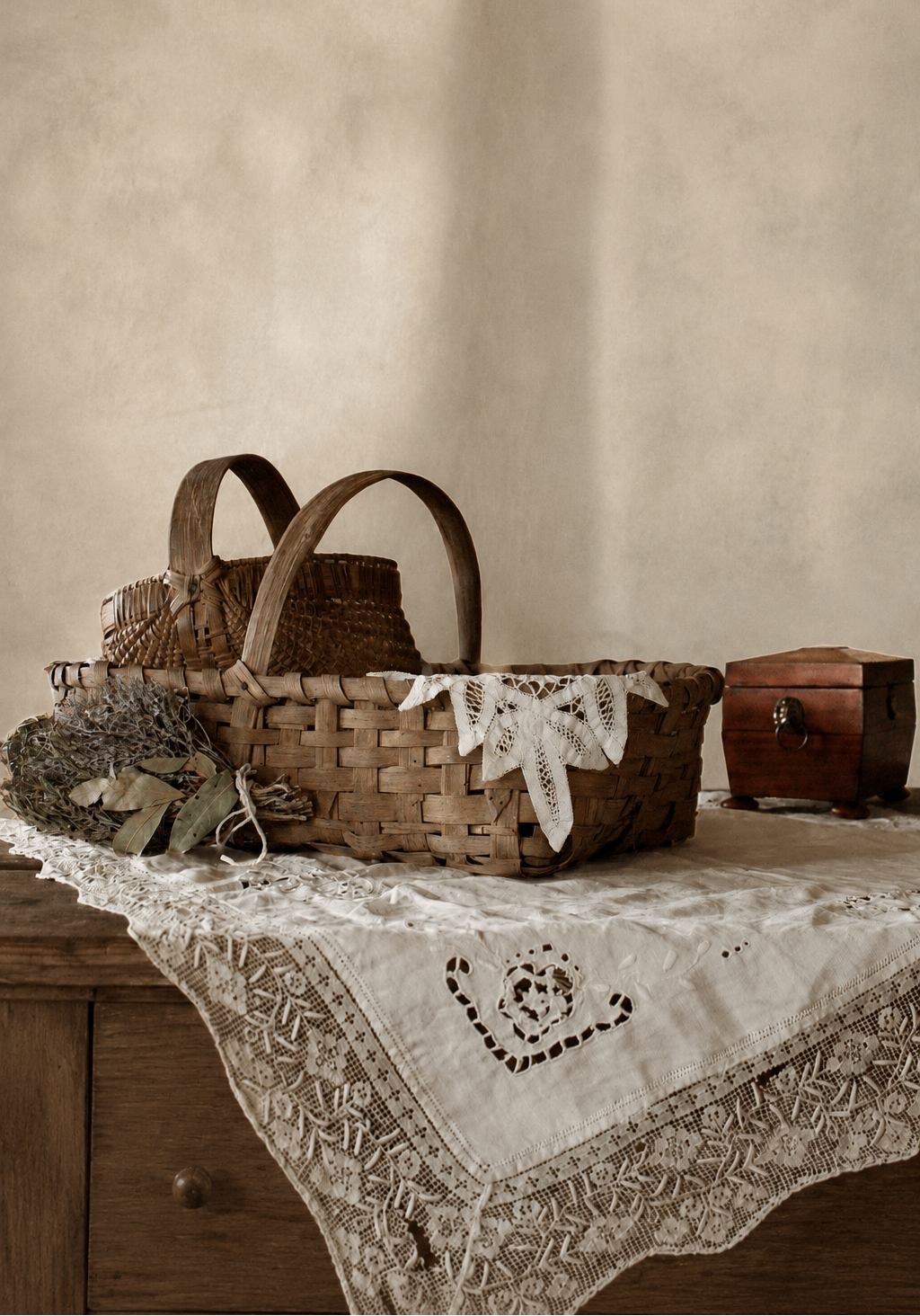 Antique woven baskets and vintage storage decor styled for the Baskets & Storage category at Rue & Relique.