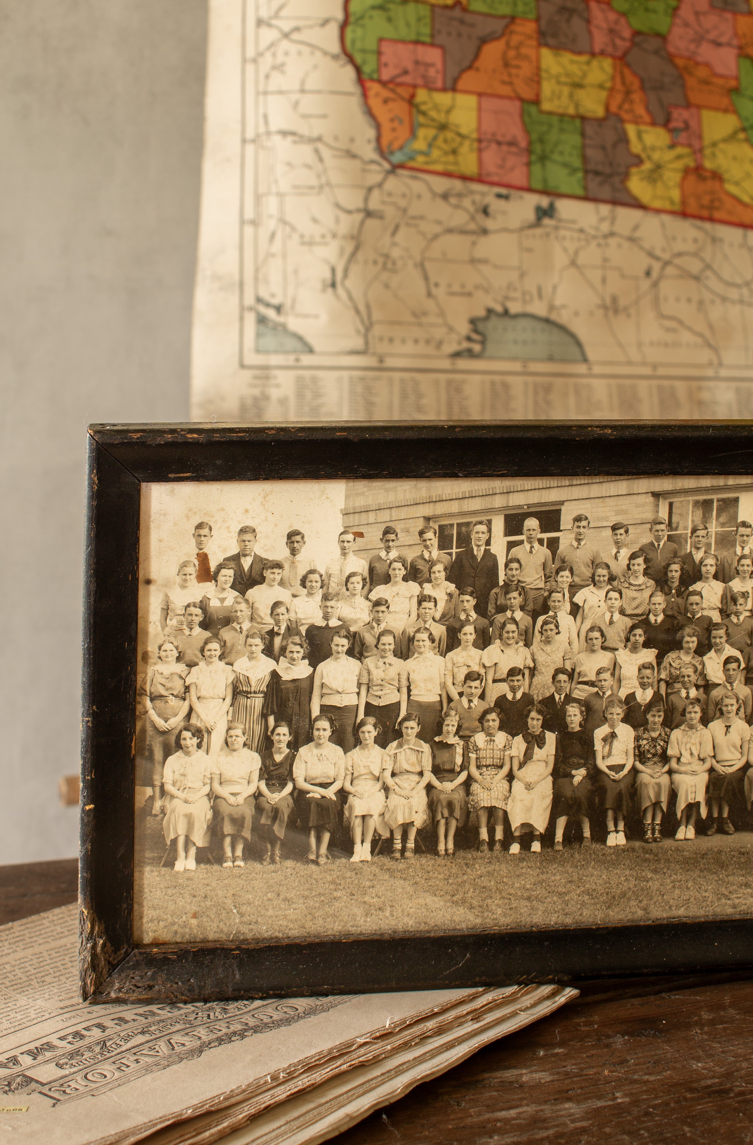 Vintage 1938 Woburn High School yard-long panoramic photograph in a long black wooden frame.