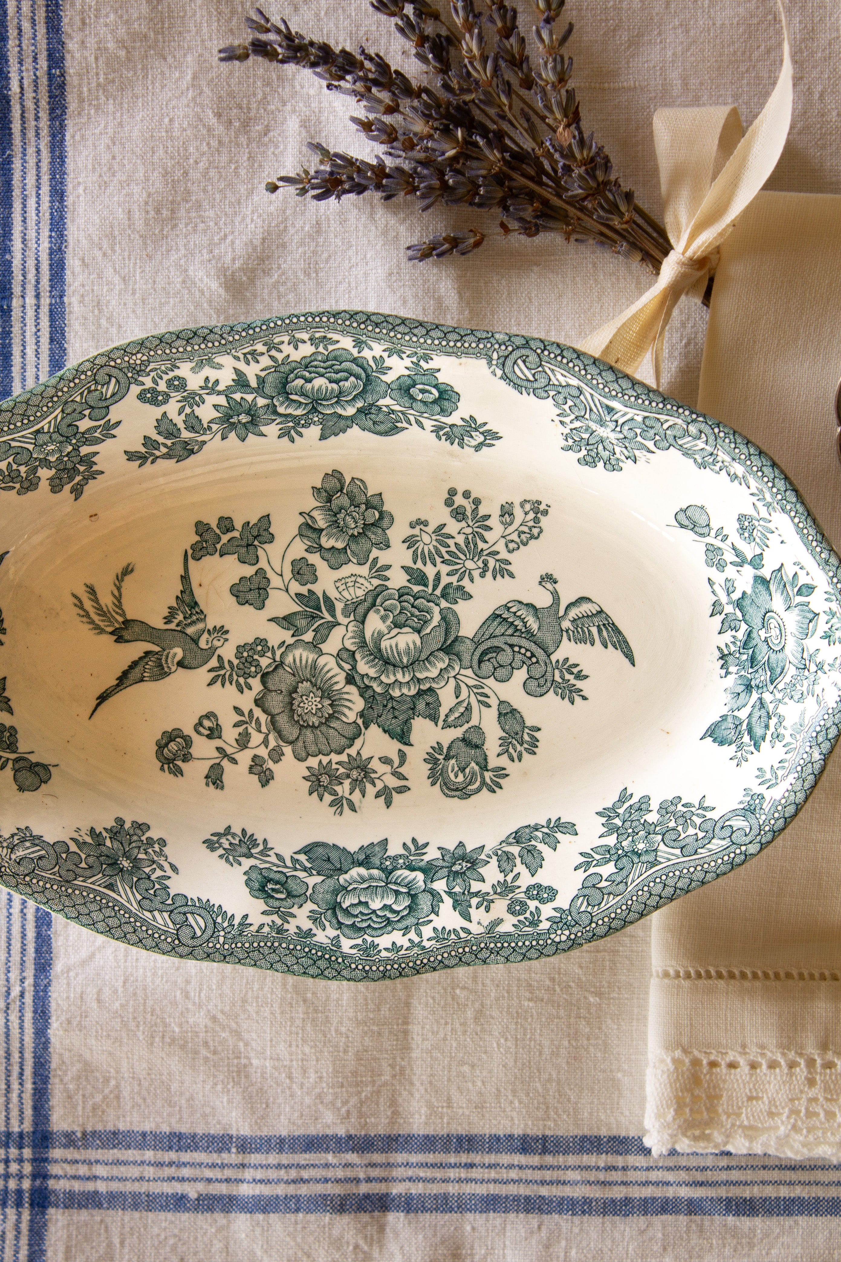 Vintage Enoch Wedgwood Asiatic Pheasants oval transferware dish with soft blue-green teal pattern, sourced in Paris.