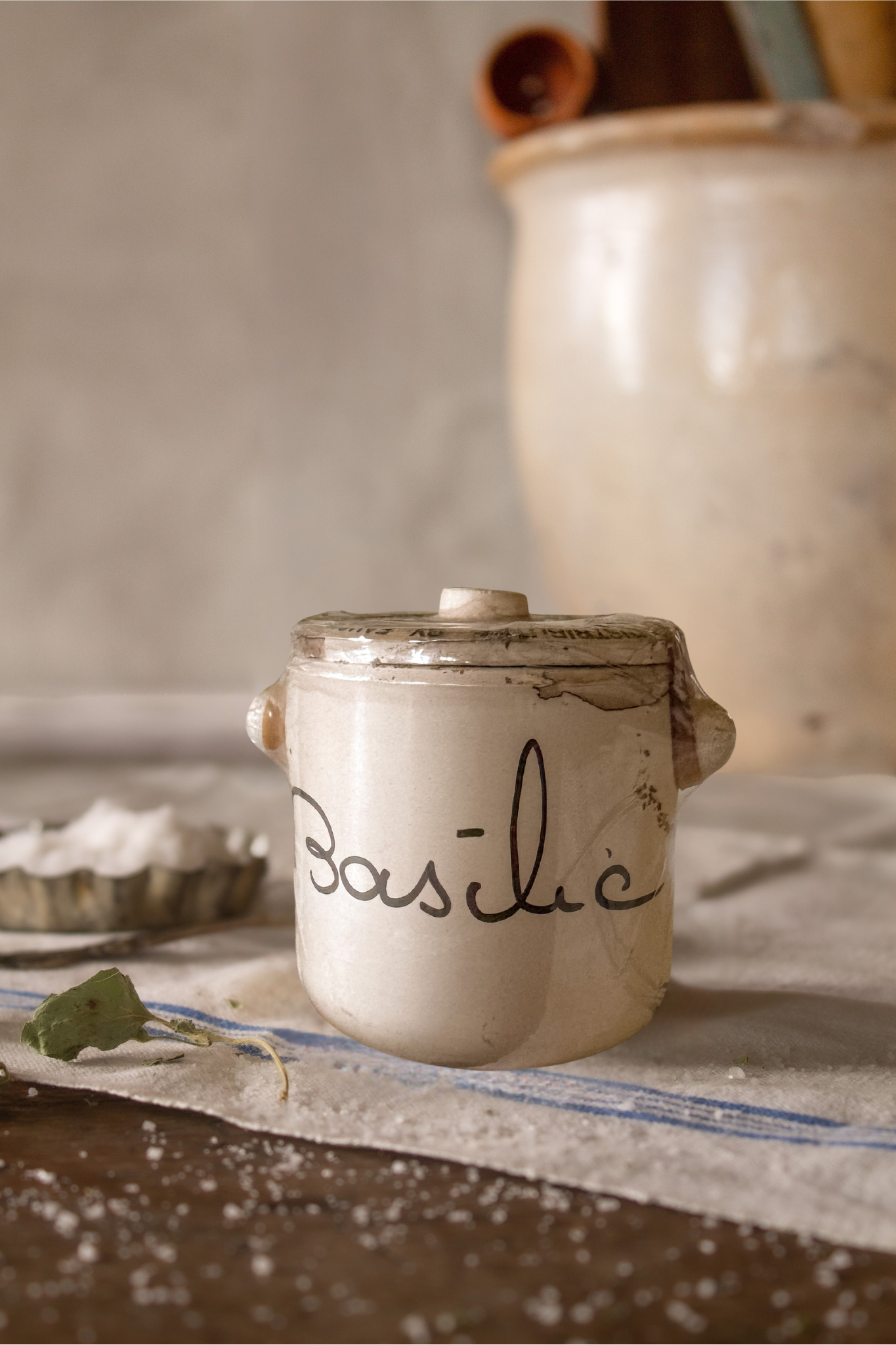 Small ceramic jar labeled 'Basilic' on a rustic surface with a blurred background