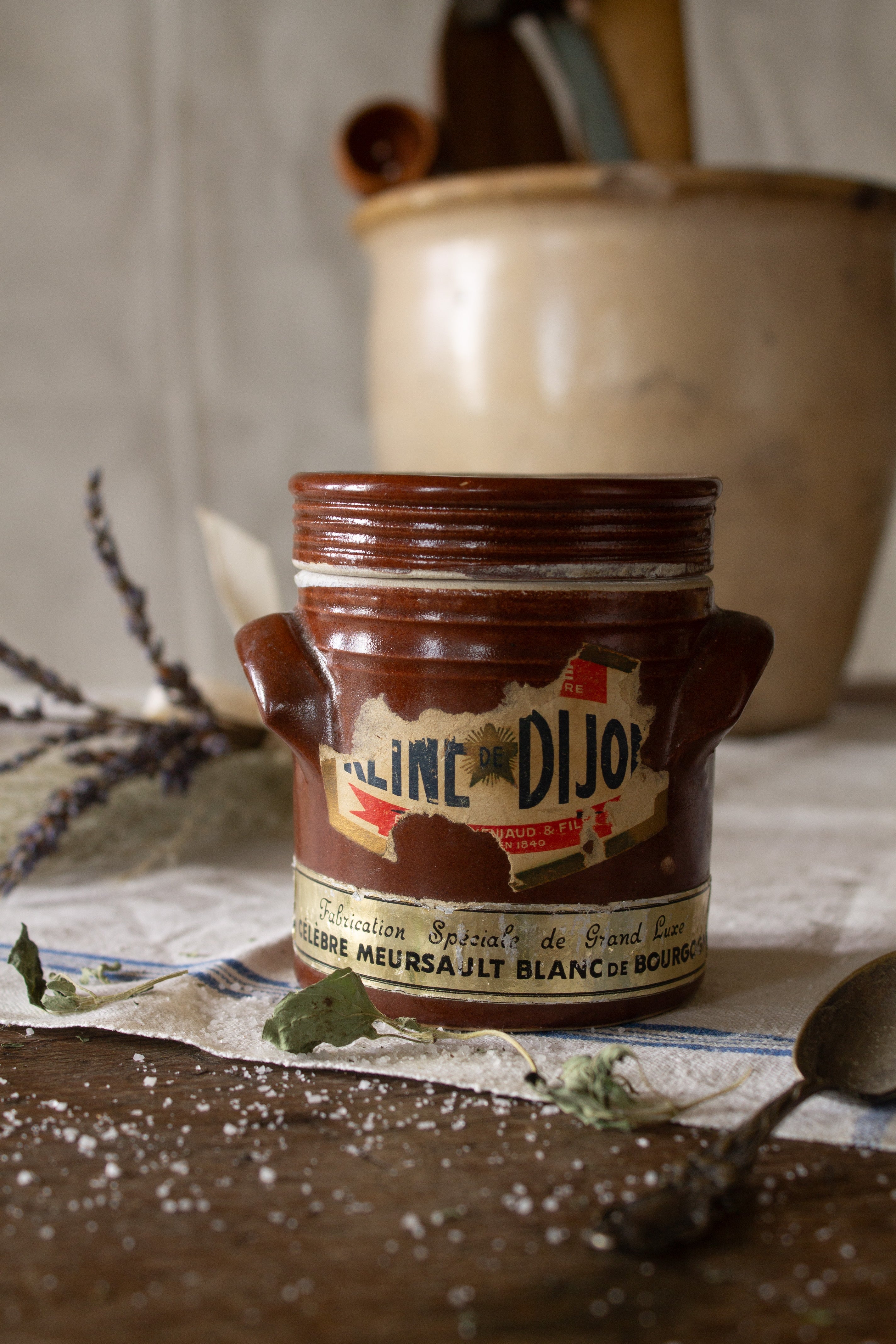 Vintage French Dijon mustard stoneware crock with original worn paper label.