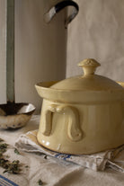 Vintage French yellow glazed stoneware covered terrine with leaf finial, side handles, and oval form.